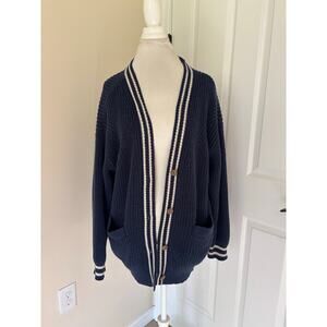 Lucky Brand Medium Chunky Cardigan Textured Varsity Navy White